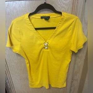 Lauren Ralph Lauren Women's Shirt Sz XL Yellow Lace-Up V-Neck Ribbed Cotton FLAW